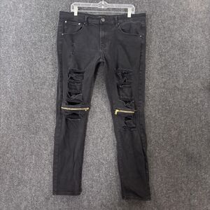 KDNK Jeans Men's 36x30 Black Distressed Zipper Knee Skinny Slim Stretch Denim